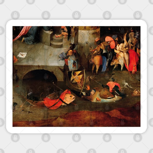 WEIRD FISH BOATS ,FISHERS IN THE DARK WATERS from Triptych of the Temptation of St. Anthony by Hieronymus Bosch Sticker by BulganLumini